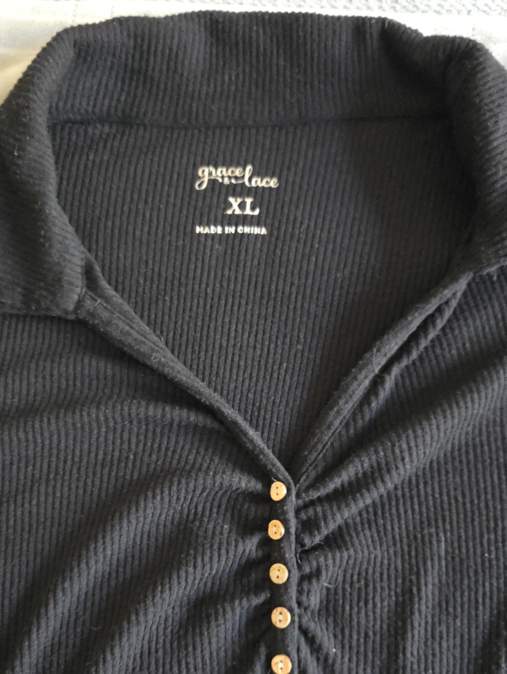 Grace & Lace Black Ribbed Button-Front Polo Henley
